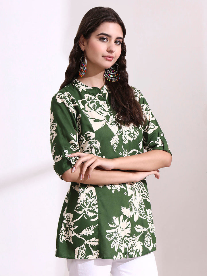 Green Mandarin Coller Roll Up Sleeves Viscose Rayon Top