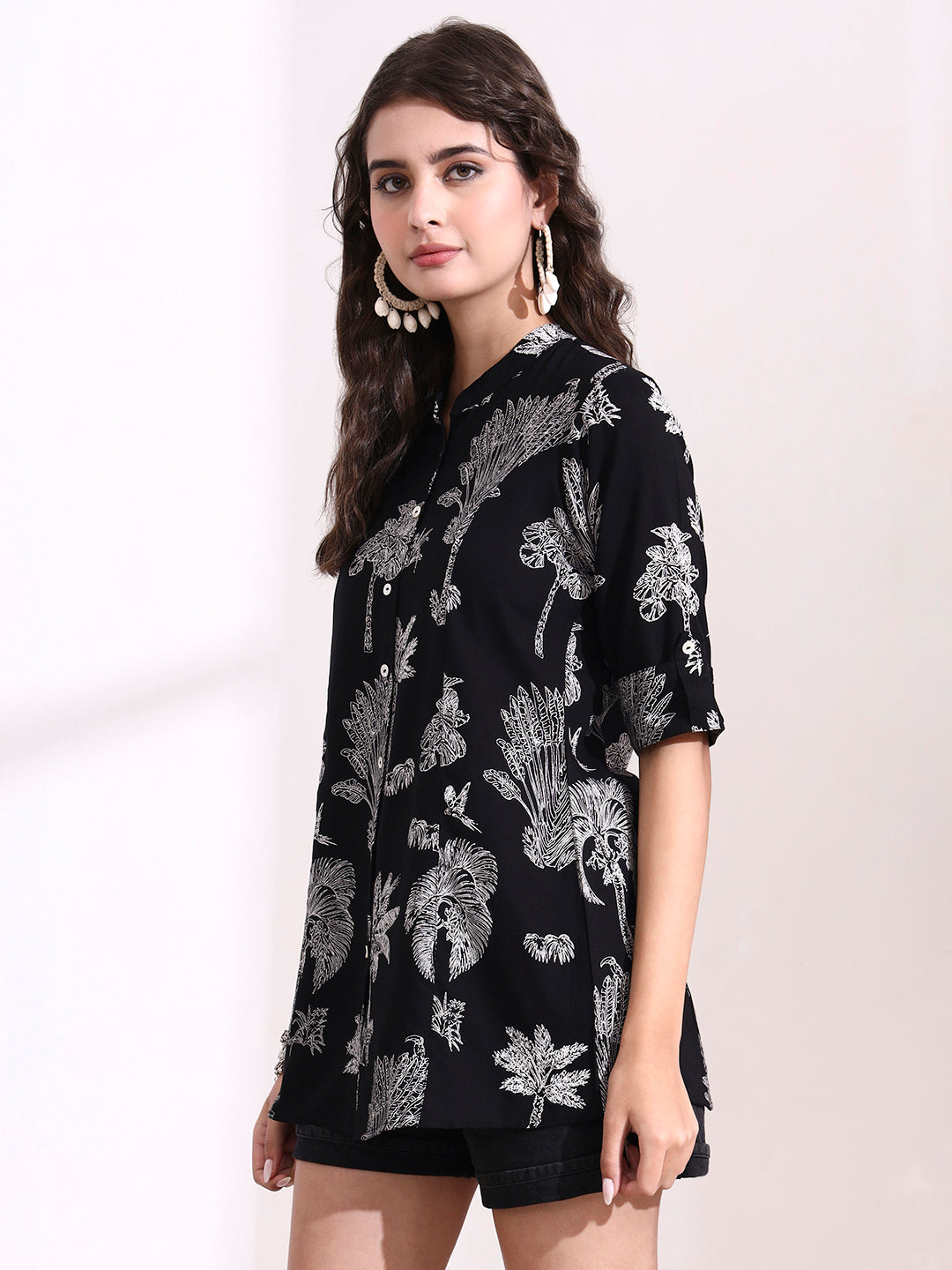 Black Mandarin Coller Roll Up Sleeves Viscose Rayon Top