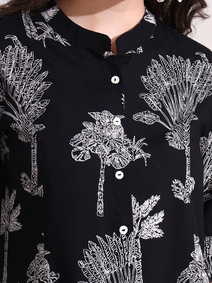 Black Mandarin Coller Roll Up Sleeves Viscose Rayon Top