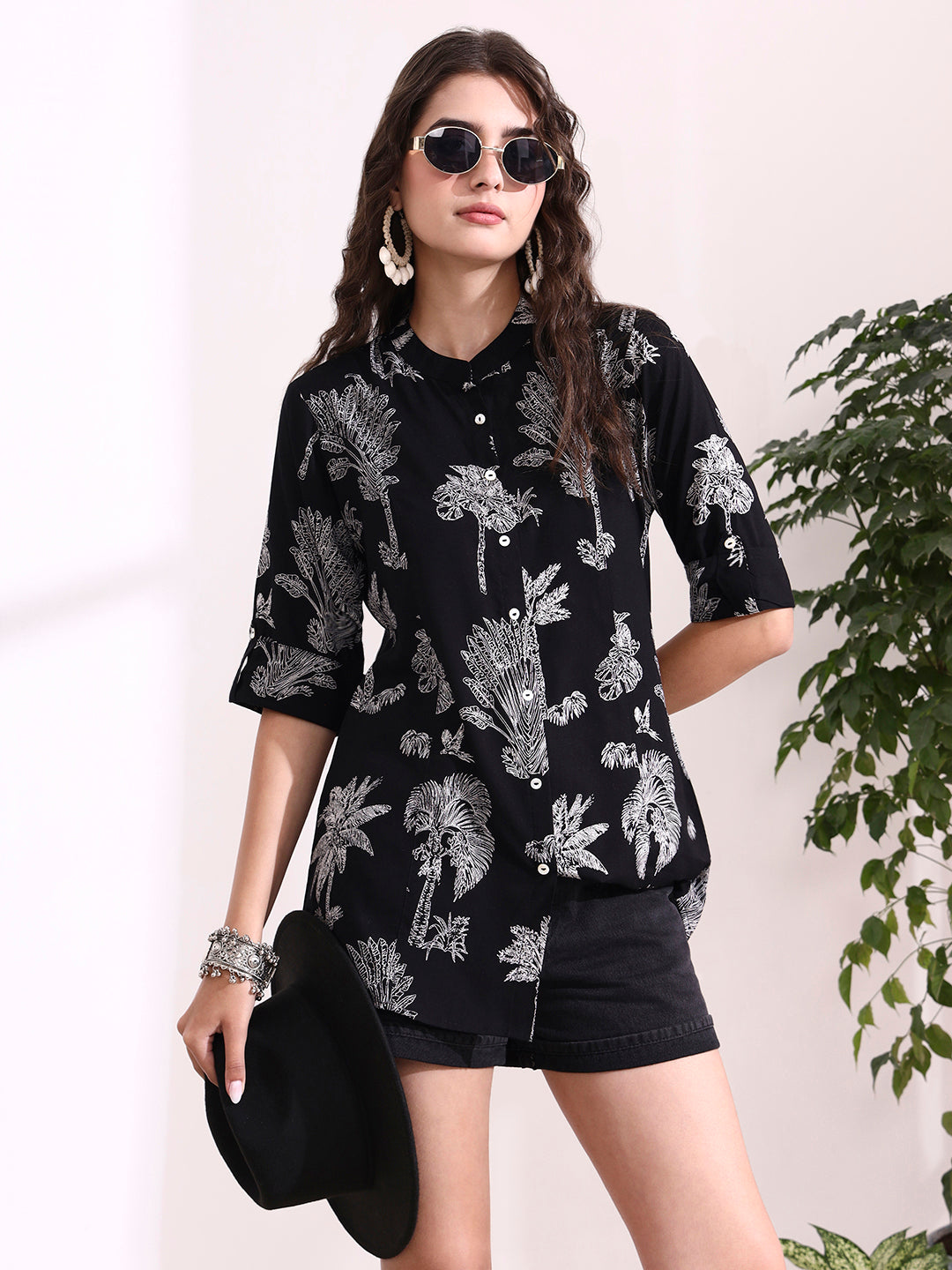Black Mandarin Coller Roll Up Sleeves Viscose Rayon Top