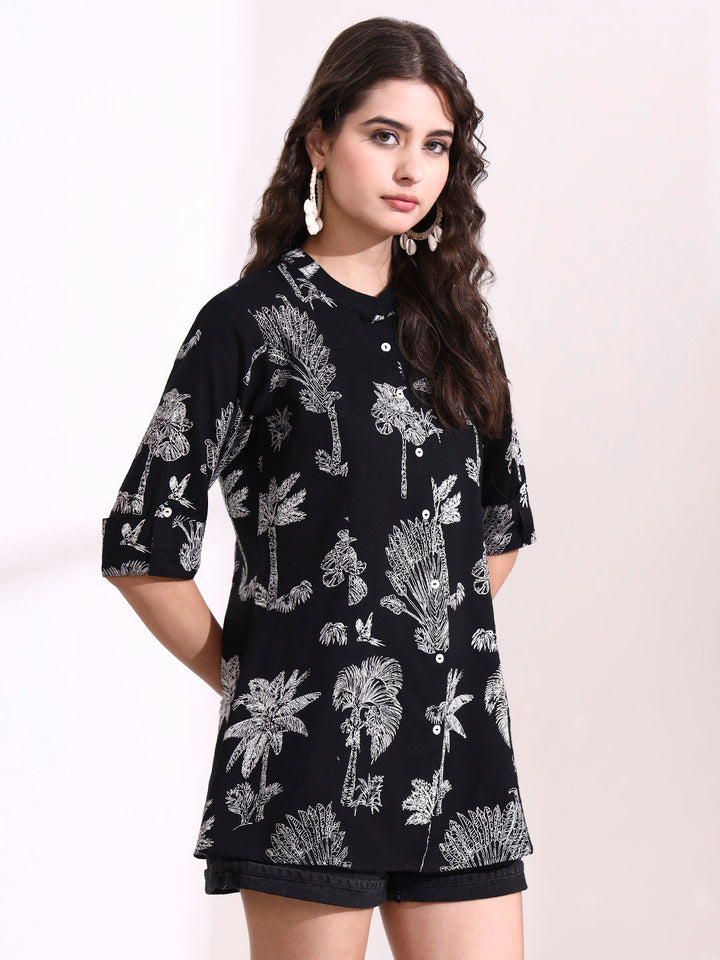 Black Mandarin Coller Roll Up Sleeves Viscose Rayon Top