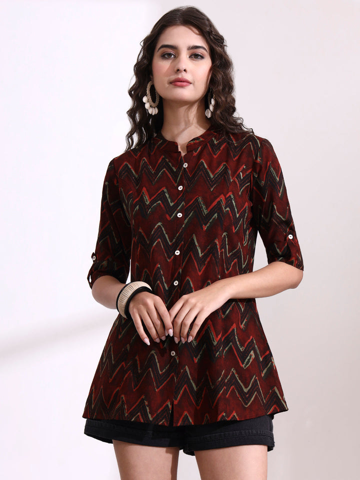 Maroon Mandarin Coller Roll Up Sleeves Viscose Rayon Top
