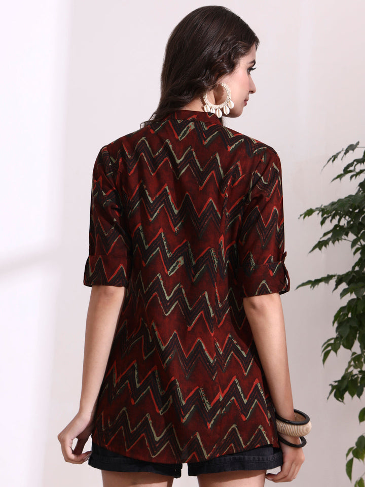 Maroon Mandarin Coller Roll Up Sleeves Viscose Rayon Top