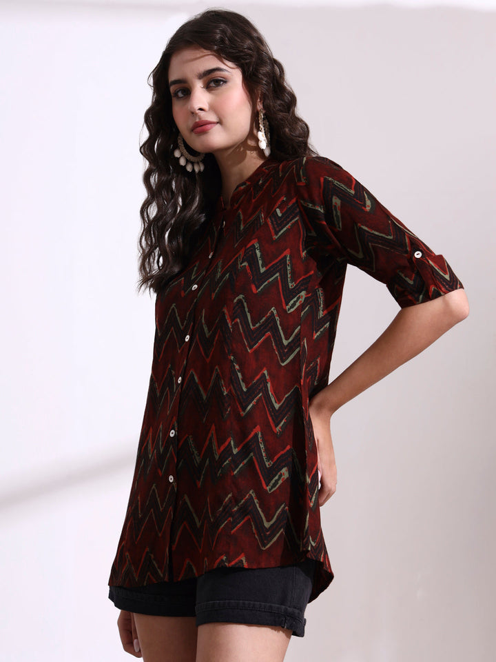 Maroon Mandarin Coller Roll Up Sleeves Viscose Rayon Top