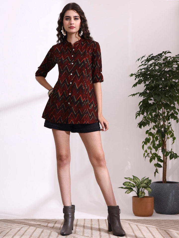 Maroon Mandarin Coller Roll Up Sleeves Viscose Rayon Top