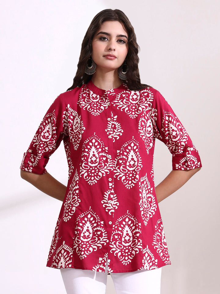 Pink Mandarin Coller Roll Up Sleeves Viscose Rayon Top