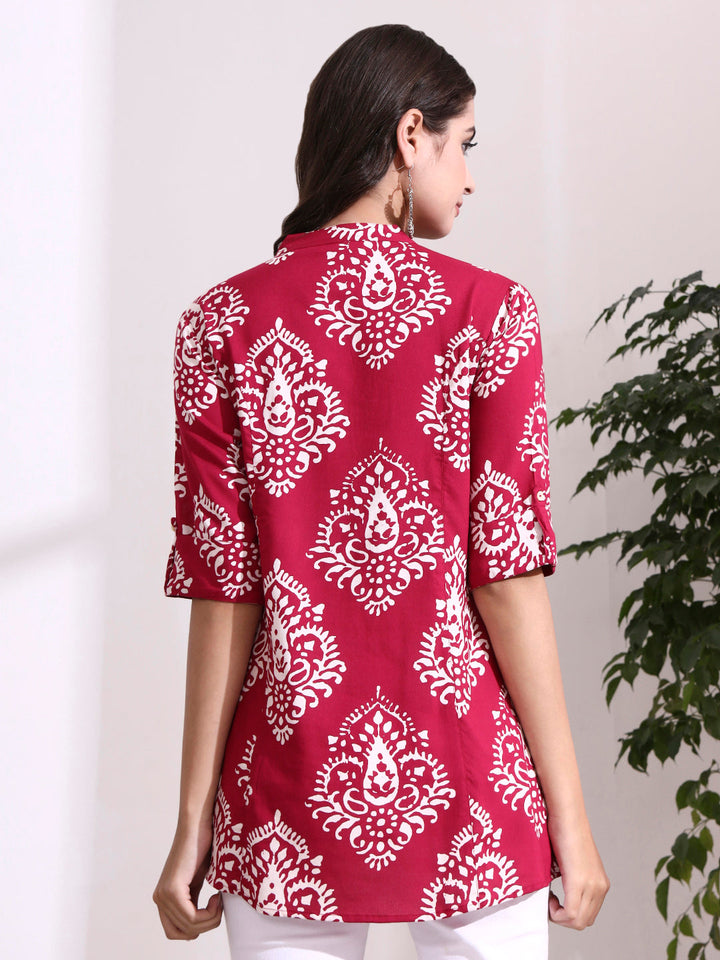 Pink Mandarin Coller Roll Up Sleeves Viscose Rayon Top