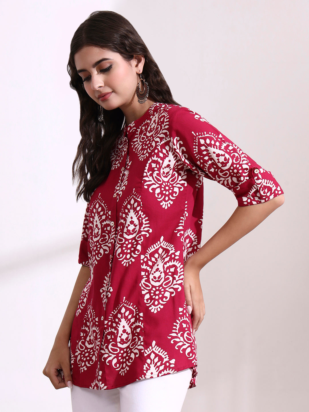 Pink Mandarin Coller Roll Up Sleeves Viscose Rayon Top
