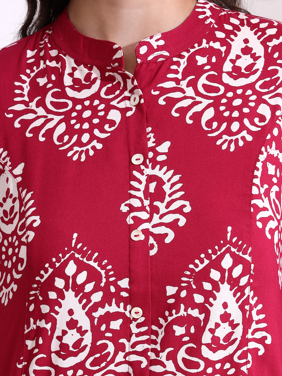 Pink Mandarin Coller Roll Up Sleeves Viscose Rayon Top