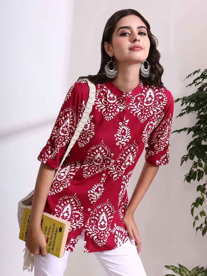Pink Mandarin Coller Roll Up Sleeves Viscose Rayon Top