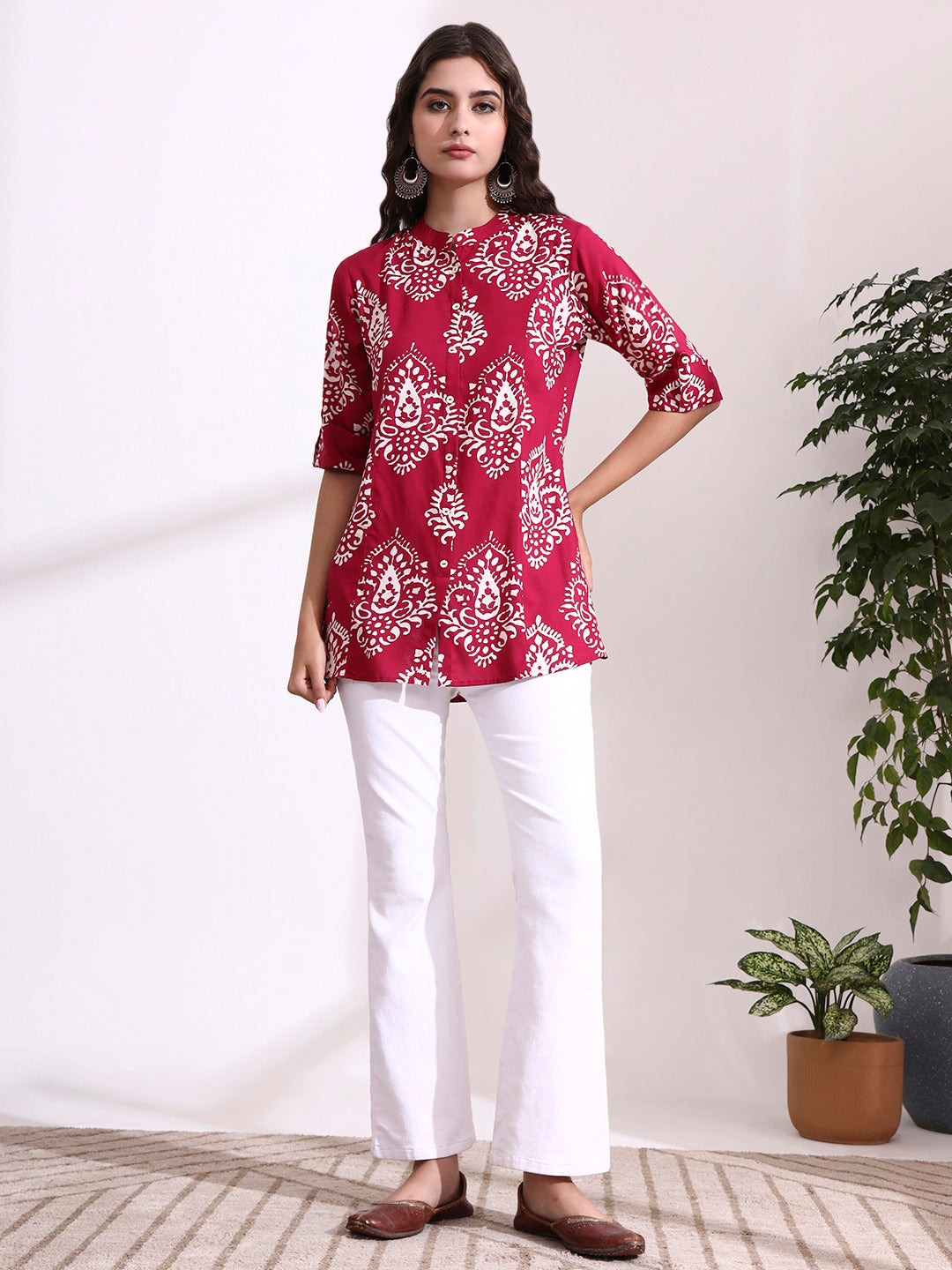 Pink Mandarin Coller Roll Up Sleeves Viscose Rayon Top