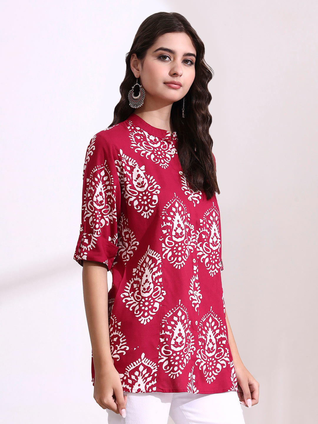 Pink Mandarin Coller Roll Up Sleeves Viscose Rayon Top