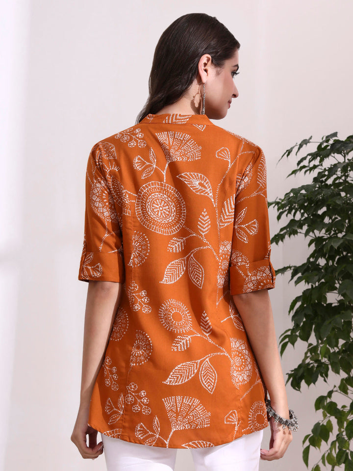 Brown Mandarin Coller Roll Up Sleeves Viscose Rayon Top