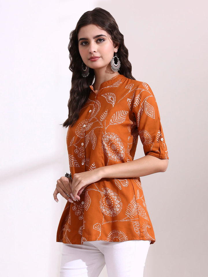 Brown Mandarin Coller Roll Up Sleeves Viscose Rayon Top