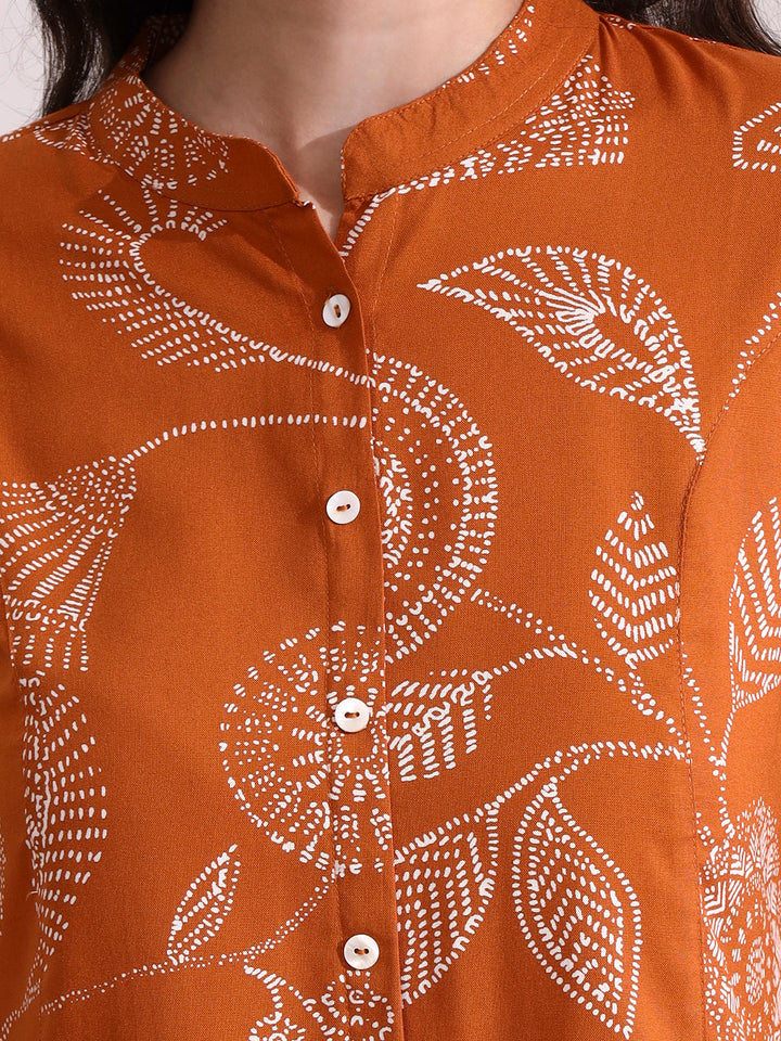 Brown Mandarin Coller Roll Up Sleeves Viscose Rayon Top