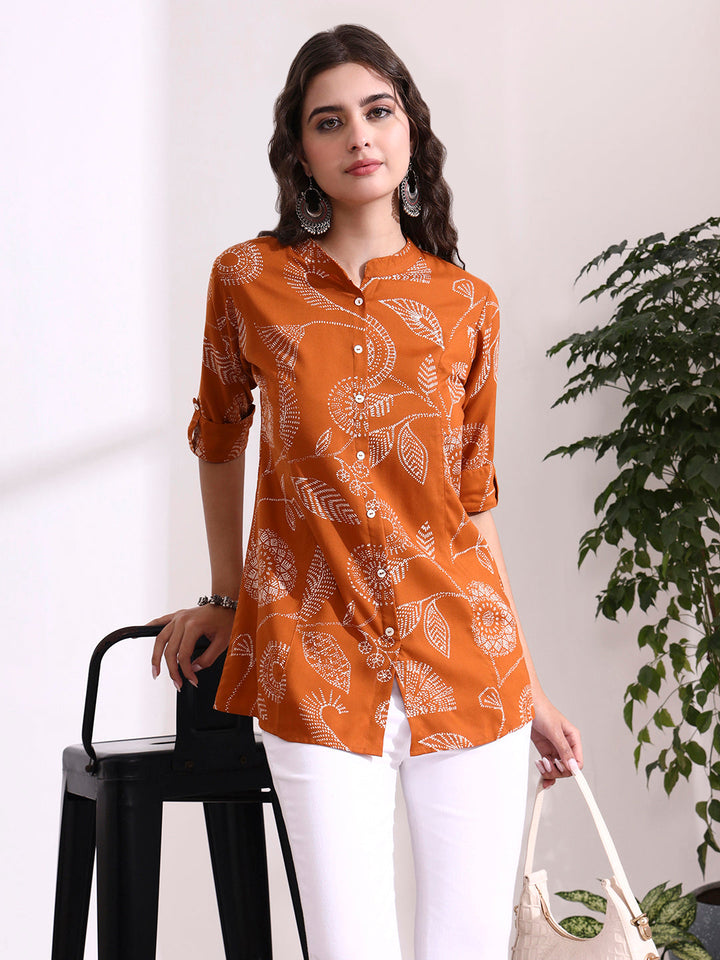 Brown Mandarin Coller Roll Up Sleeves Viscose Rayon Top