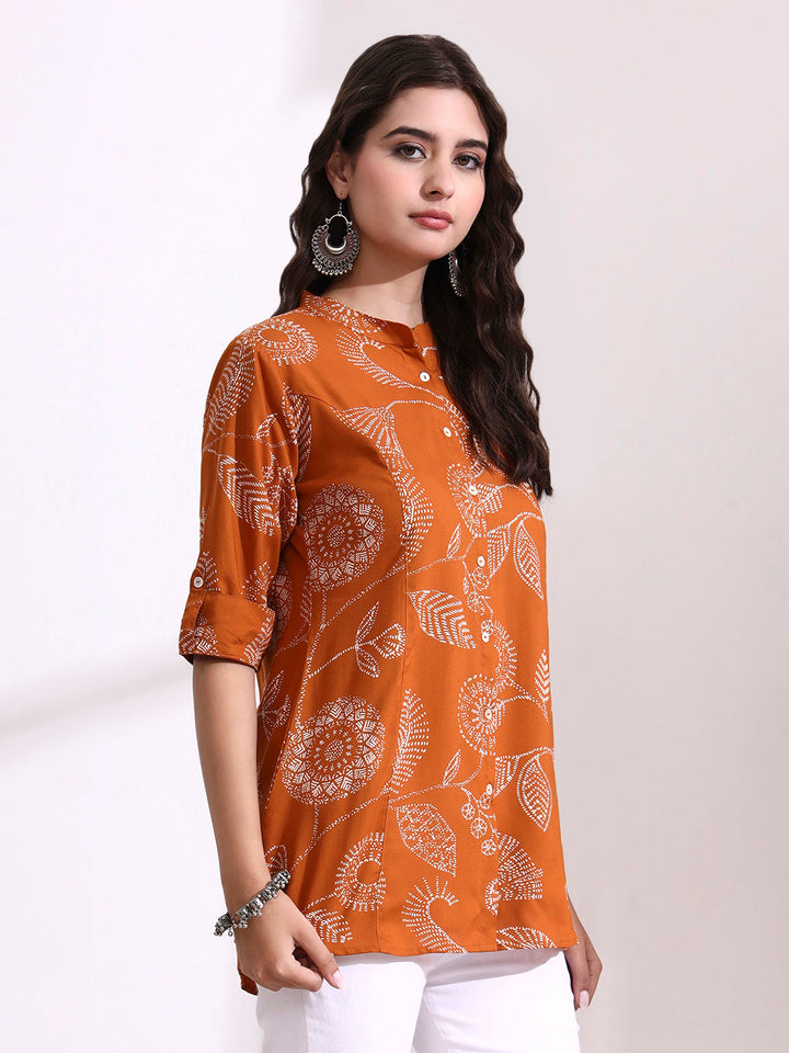 Brown Mandarin Coller Roll Up Sleeves Viscose Rayon Top