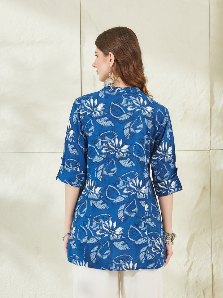 Rayon Blue Floral Print Shirt Style A-Line Top