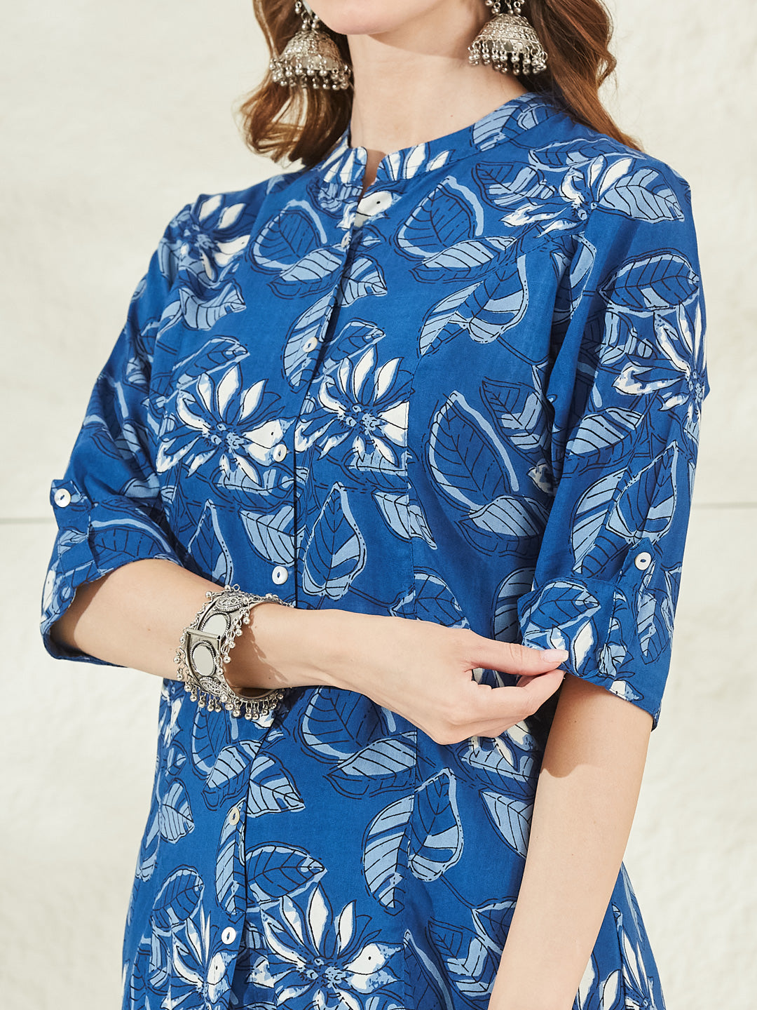 Rayon Blue Floral Print Shirt Style A-Line Top