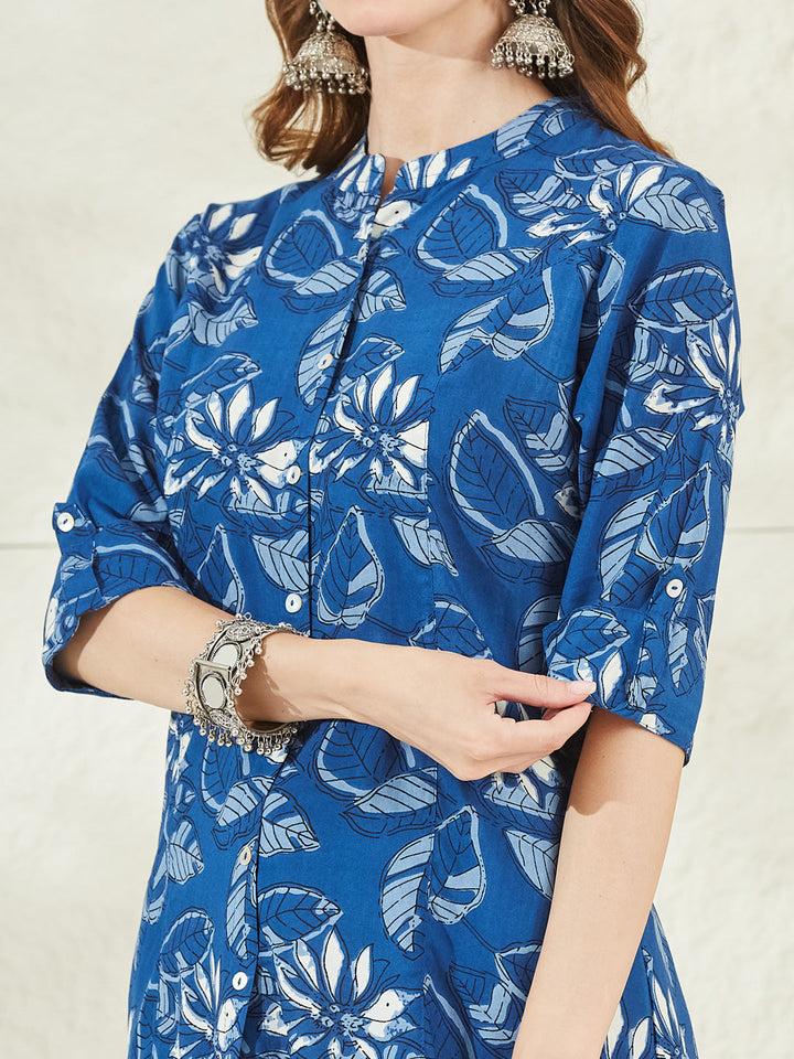 Rayon Blue Floral Print Shirt Style A-Line Top