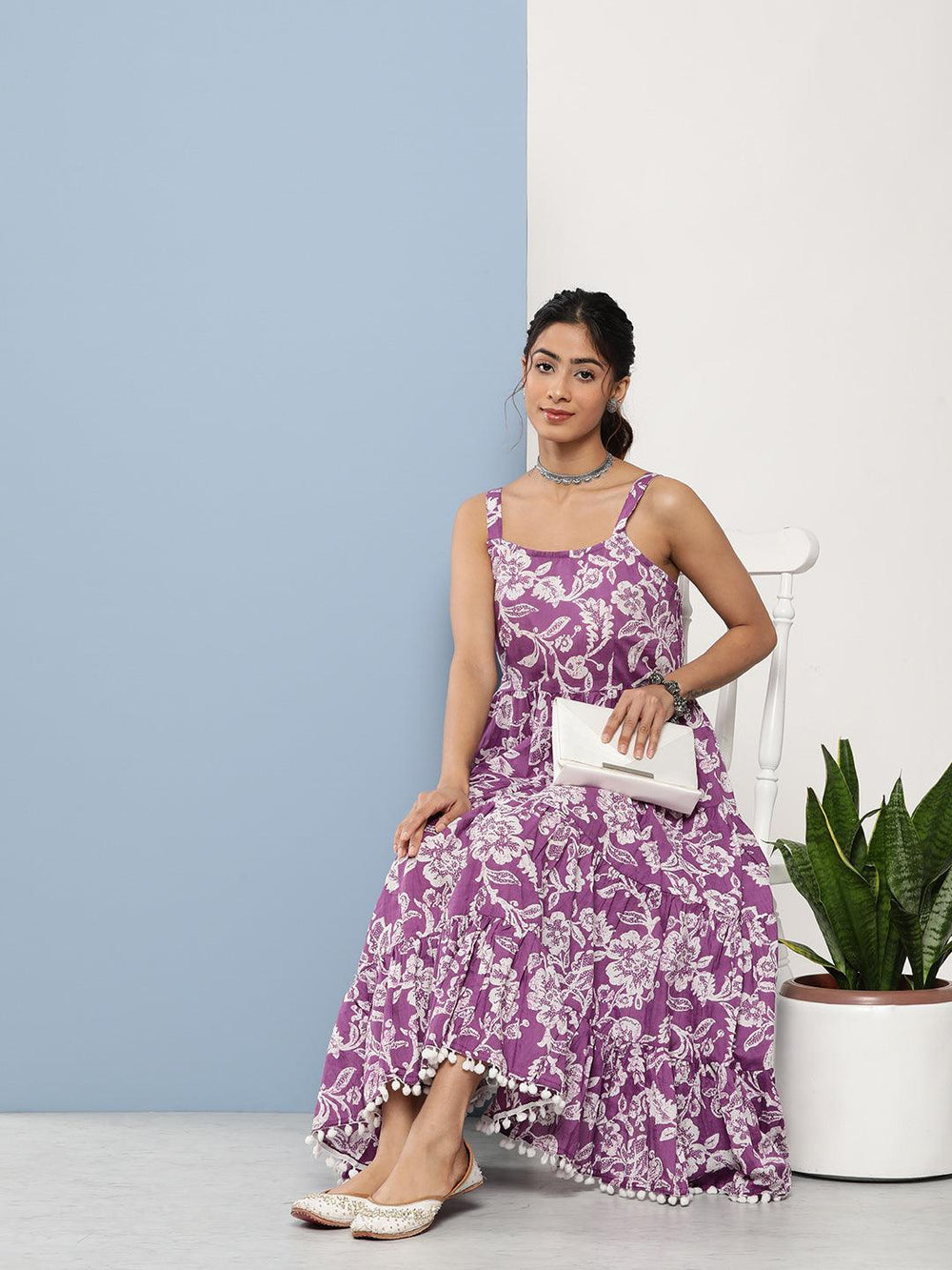 Purple-Pure-Cotton-Floral-Shoulder-Strip-Long-Dress