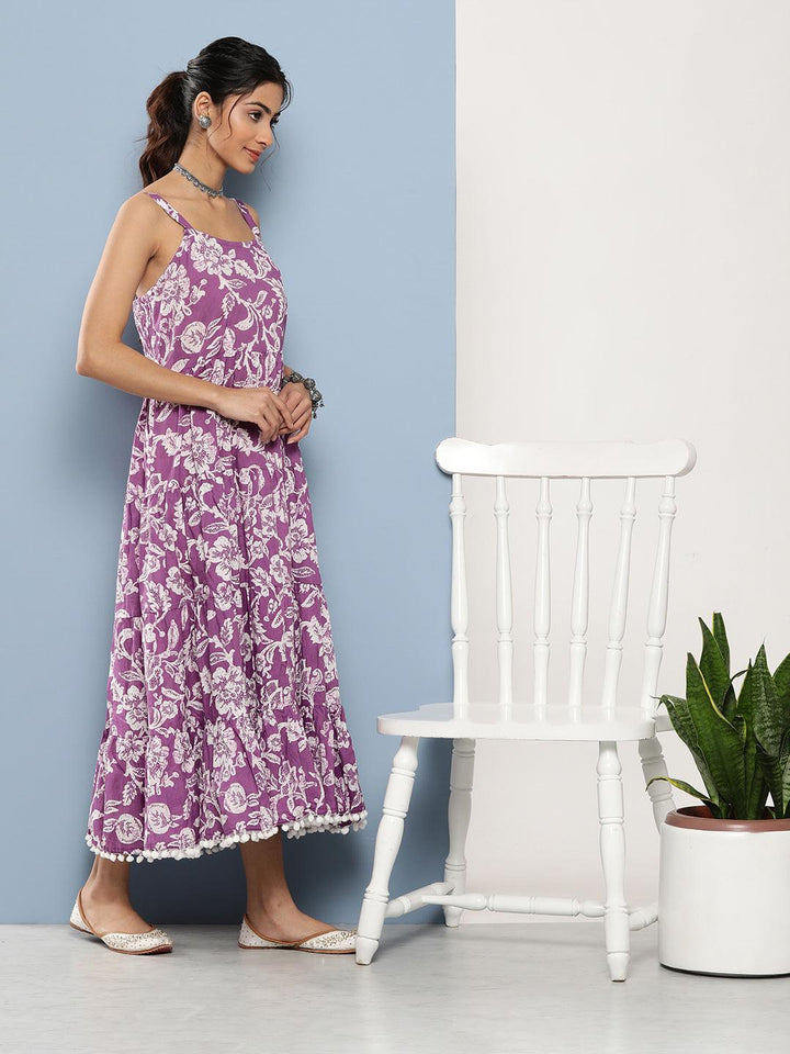 Purple-Pure-Cotton-Floral-Shoulder-Strip-Long-Dress