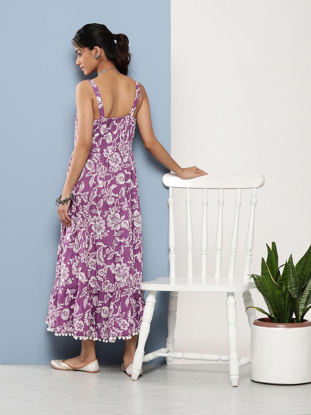 Purple-Pure-Cotton-Floral-Shoulder-Strip-Long-Dress
