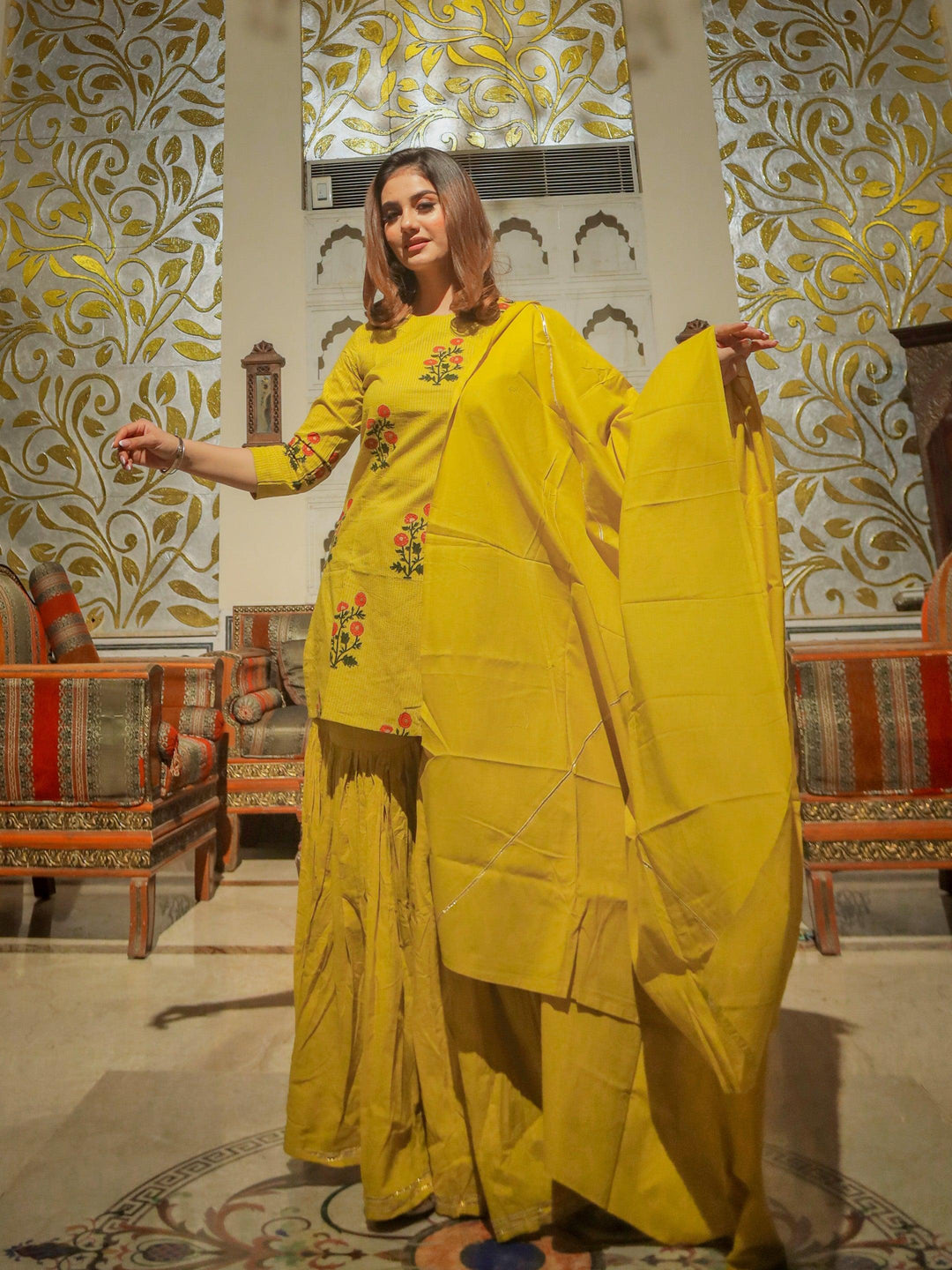 Lemon-Yellow-Cotton-Sharara-Kurta-Set-With-Dupatta