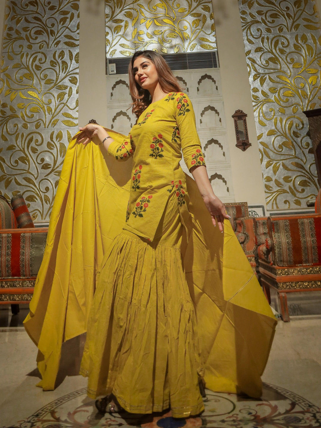 Lemon-Yellow-Cotton-Sharara-Kurta-Set-With-Dupatta