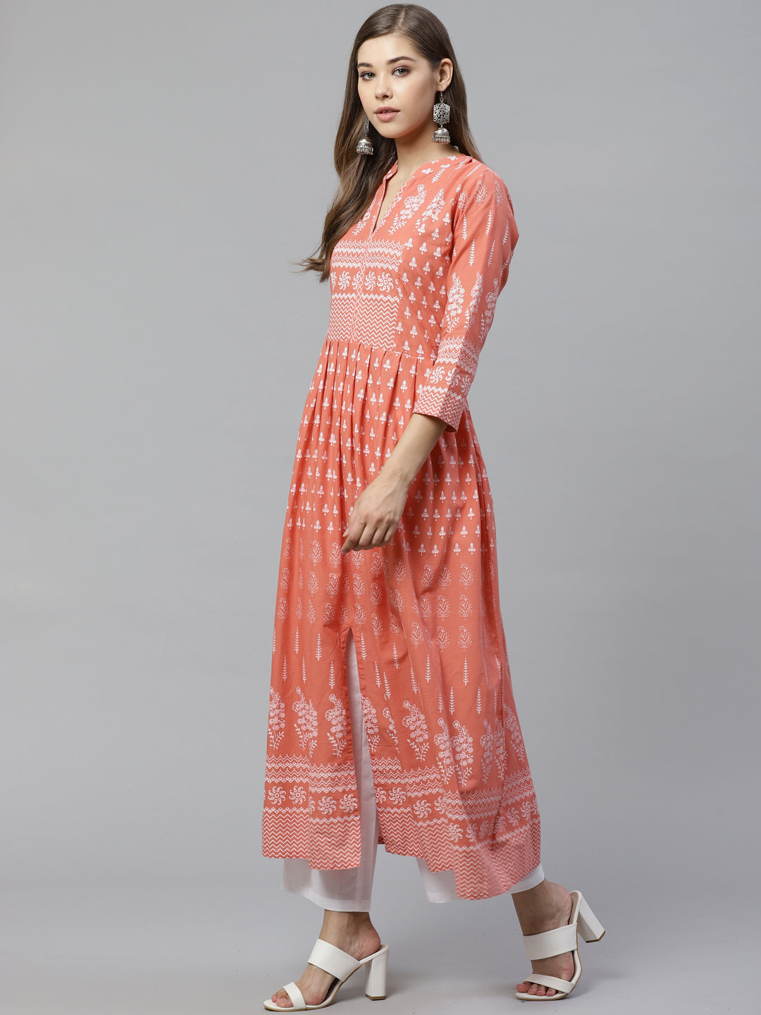 Women's Pink Floral Print Cotton Kurta