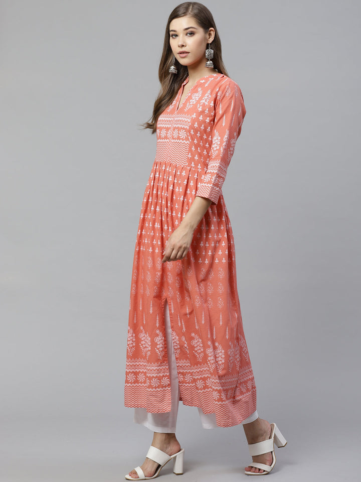 Women's Pink Floral Print Cotton Kurta