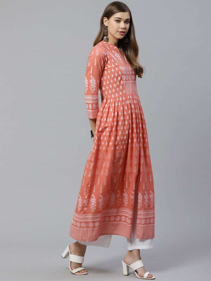 Women's Pink Floral Print Cotton Kurta