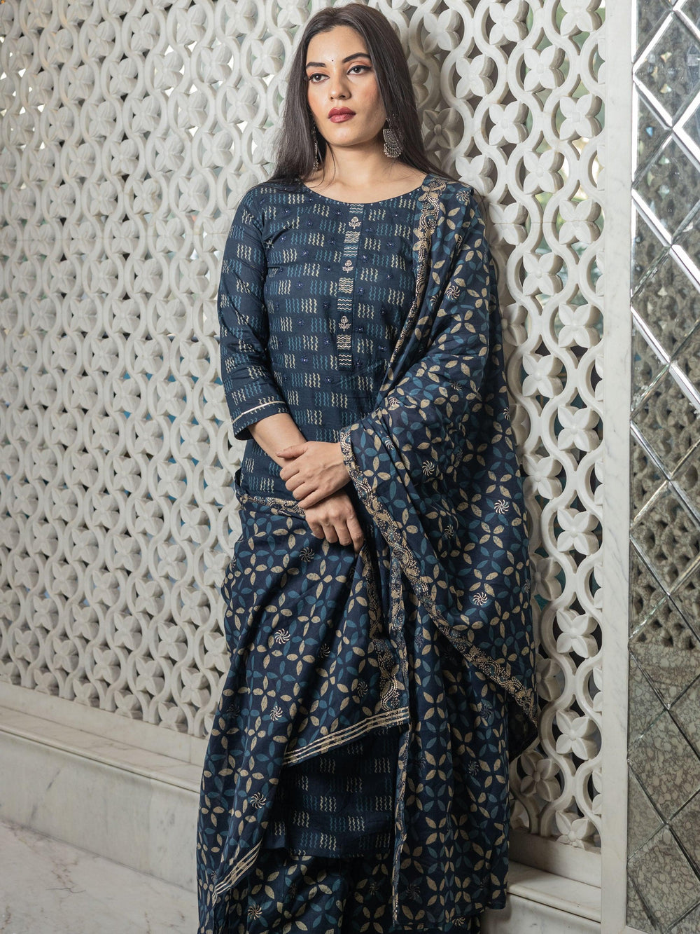 Indigo-Blue-Cotton-3-Piece-Kurta-Set