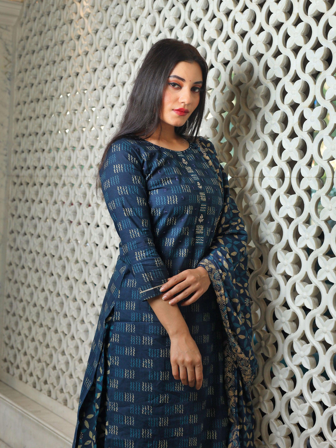 Indigo-Blue-Cotton-3-Piece-Kurta-Set