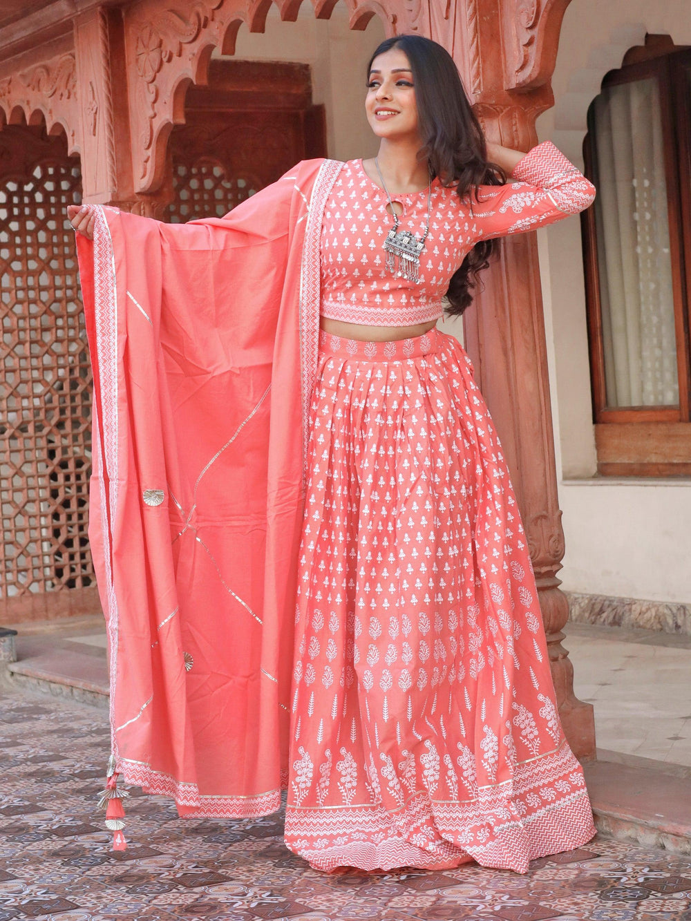 Pink-Cotton-Printed-Crop-Top-3-Piece-Lehenga-Set