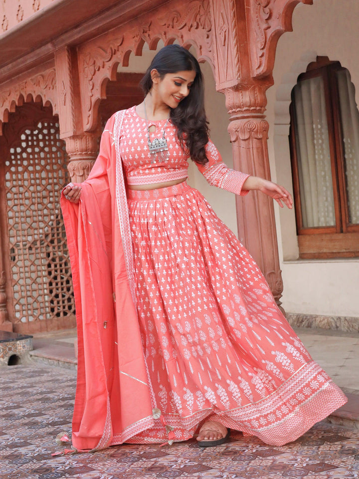 Pink-Cotton-Printed-Crop-Top-3-Piece-Lehenga-Set