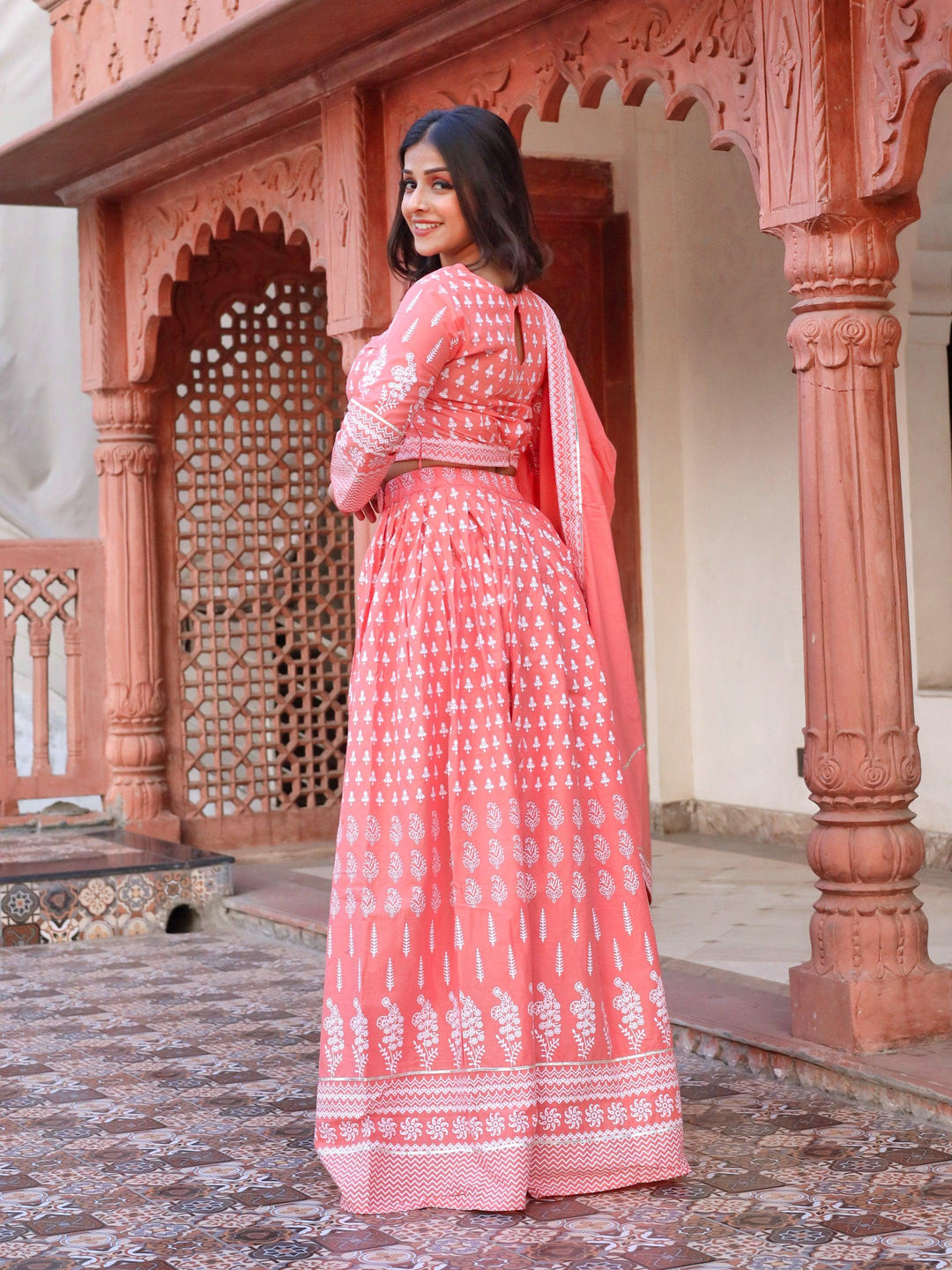 Pink-Cotton-Printed-Crop-Top-3-Piece-Lehenga-Set