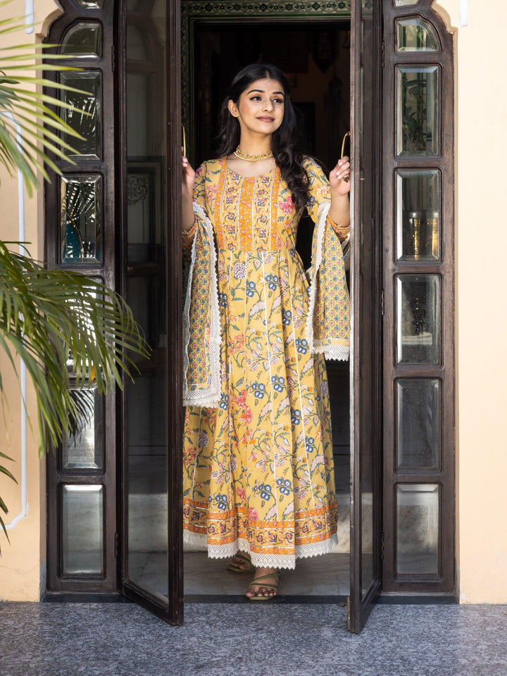 Yellow-Cotton-Floral-Printed-3-Piece-Anarkali-Set