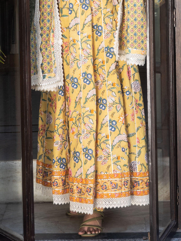 Yellow-Cotton-Floral-Printed-3-Piece-Anarkali-Set