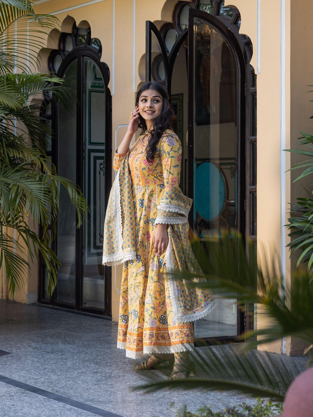 Yellow-Cotton-Floral-Printed-3-Piece-Anarkali-Set