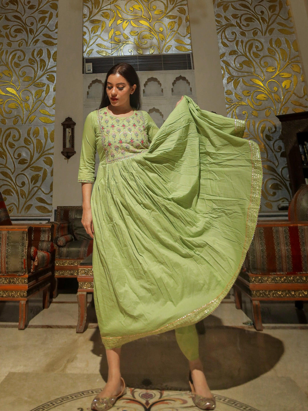 Green-Cotton-Kurta-And-Pant-Set