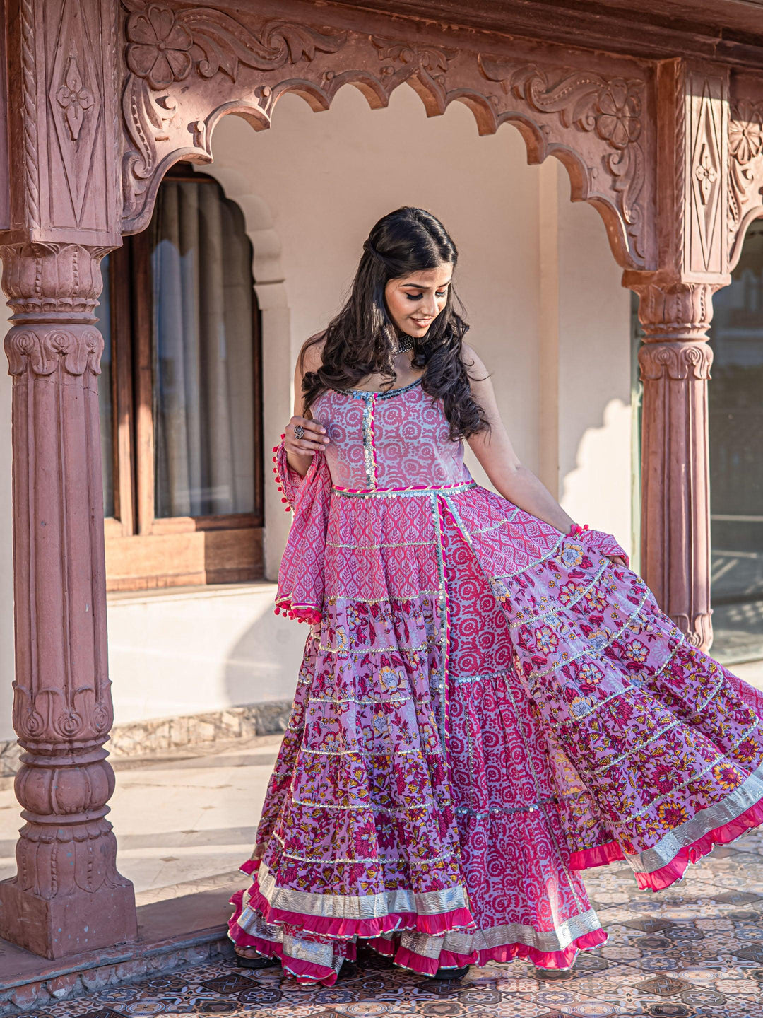 Pink-Cotton-Sleevless-3-Piece-Anarkali-Set