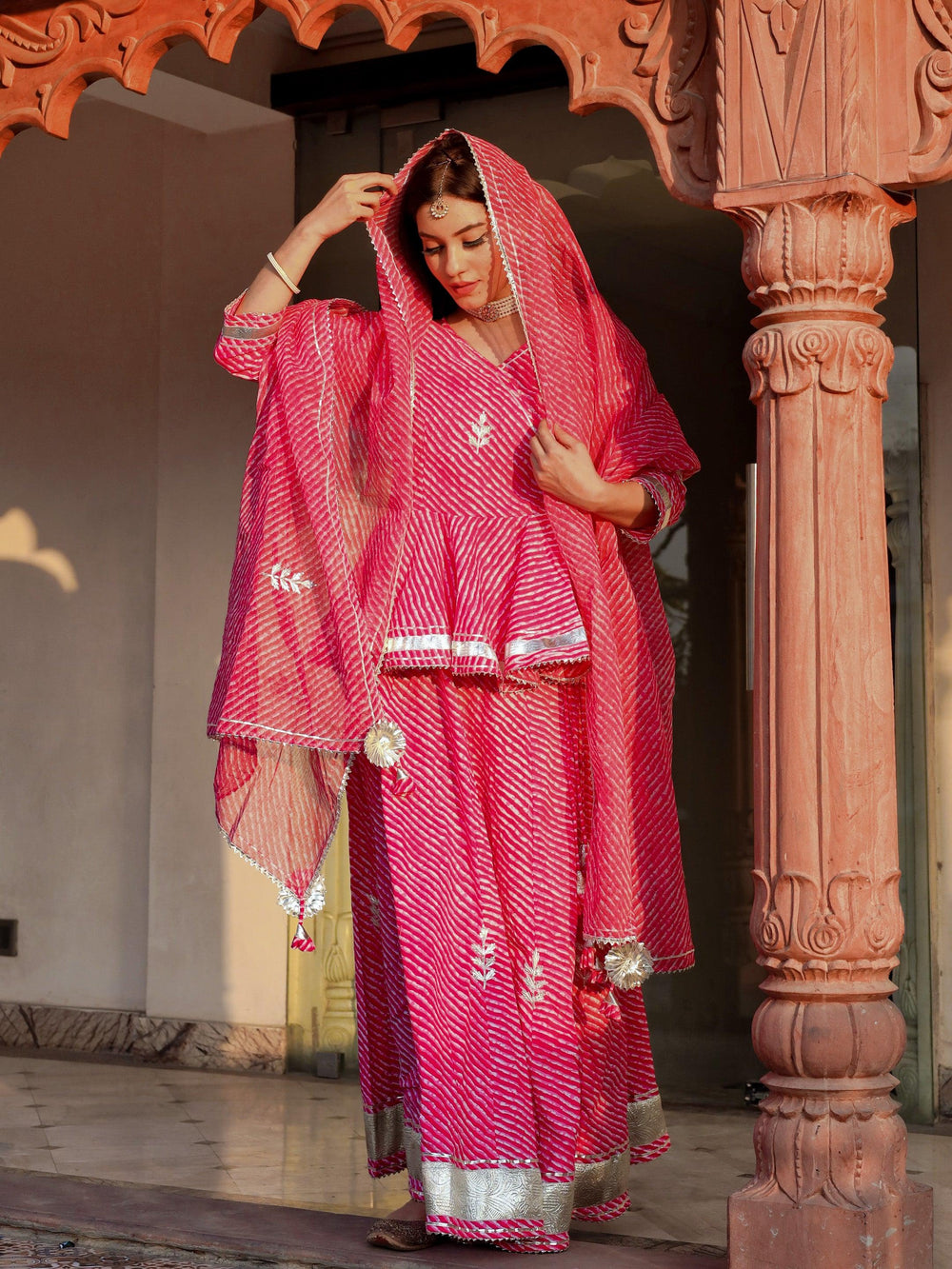 Pink-Cotton-Lehriya-3-Piece-Lehenga-Set
