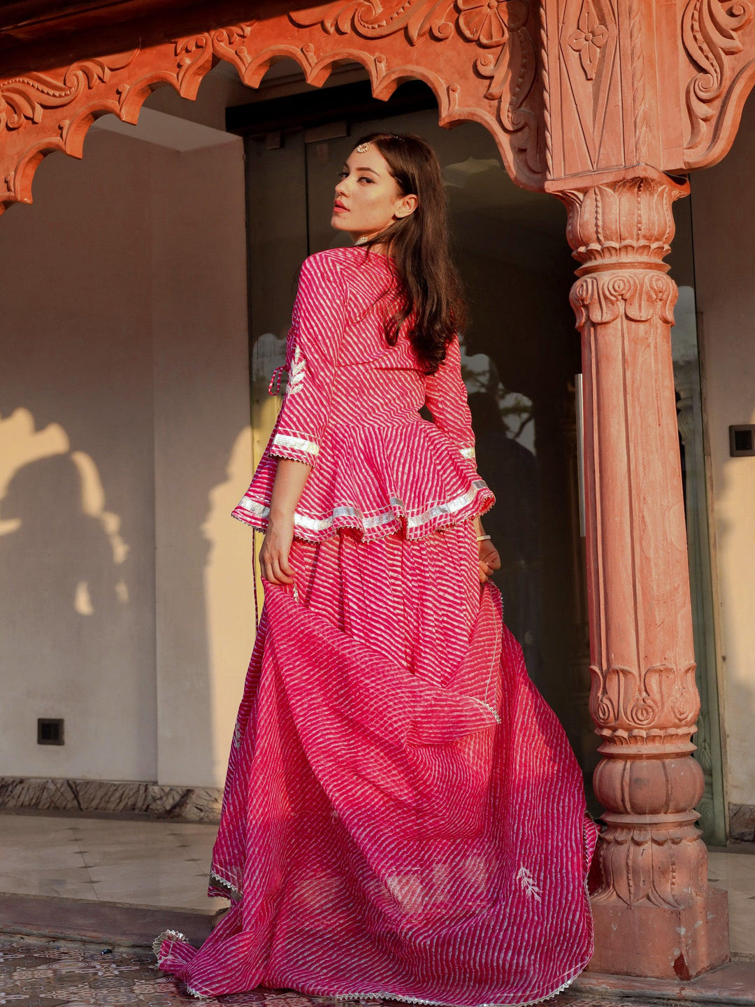 Pink-Cotton-Lehriya-3-Piece-Lehenga-Set