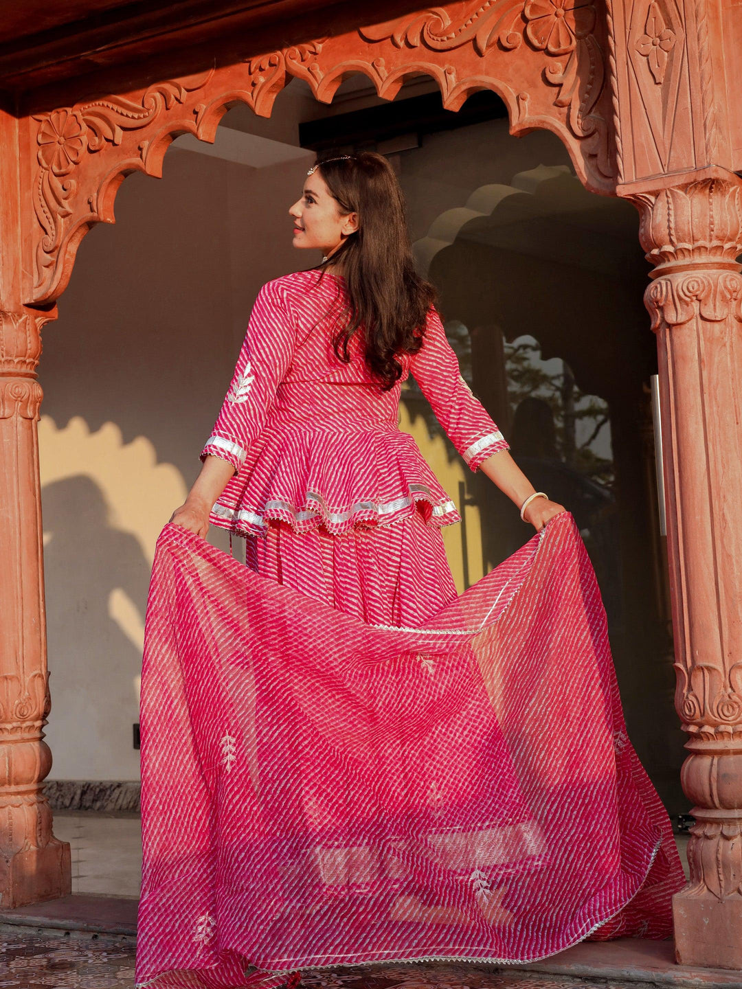 Pink-Cotton-Lehriya-3-Piece-Lehenga-Set