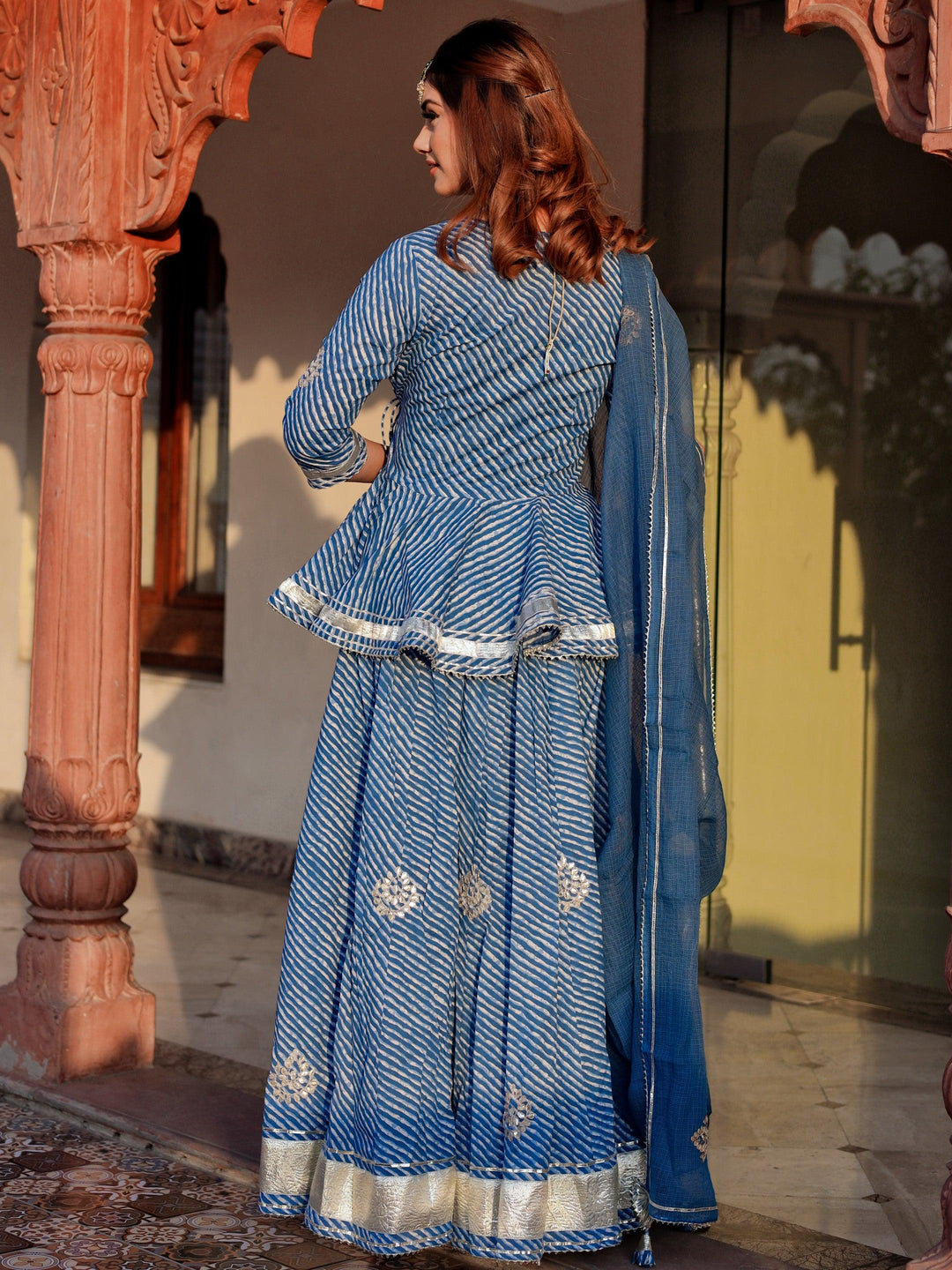 Blue-Cotton-Lehriya-3-Piece-Lehenga-Set