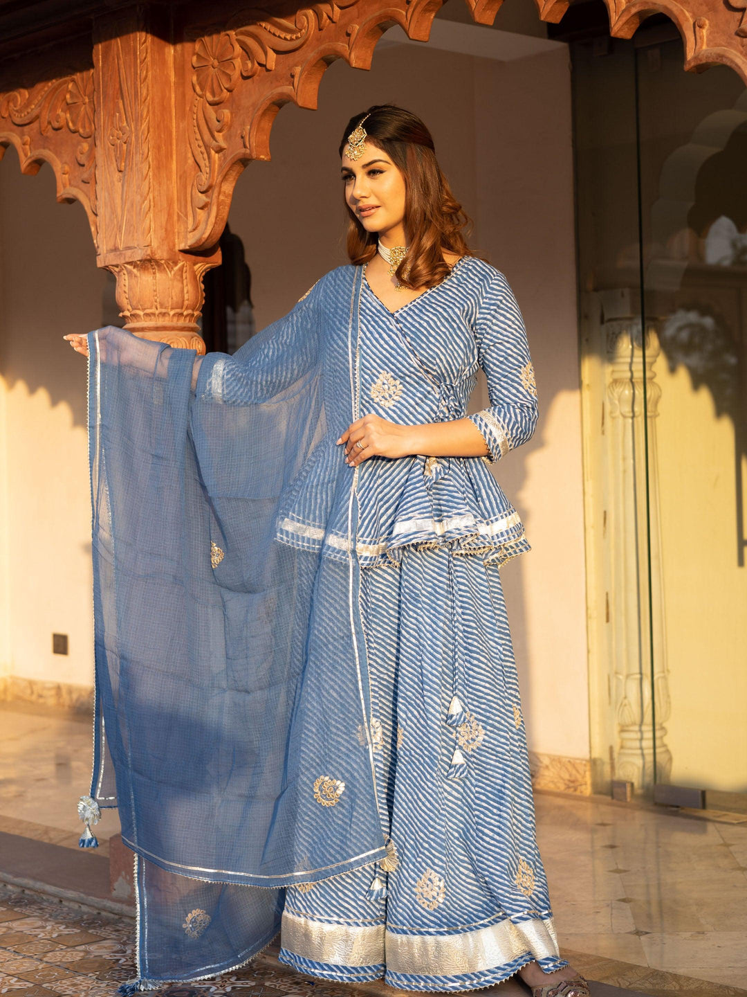 Blue-Cotton-Lehriya-3-Piece-Lehenga-Set