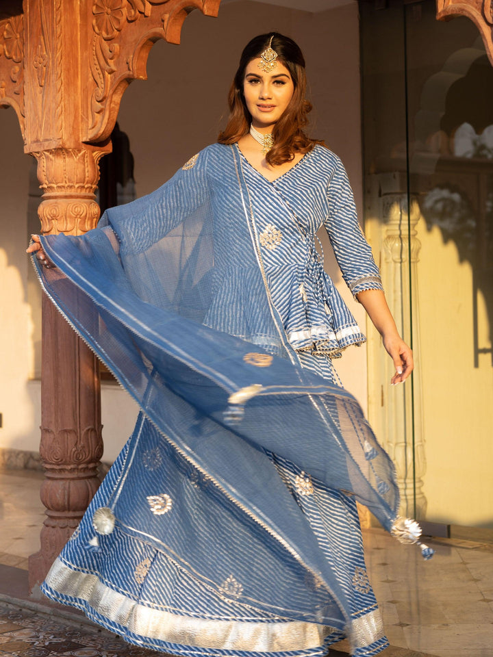 Blue-Cotton-Lehriya-3-Piece-Lehenga-Set