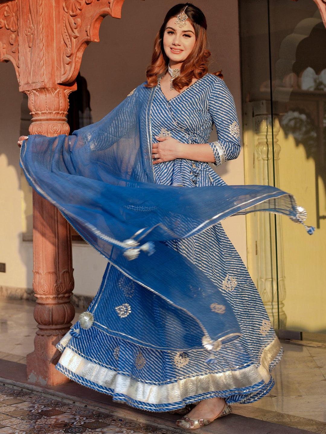 Blue-Cotton-Lehriya-3-Piece-Lehenga-Set