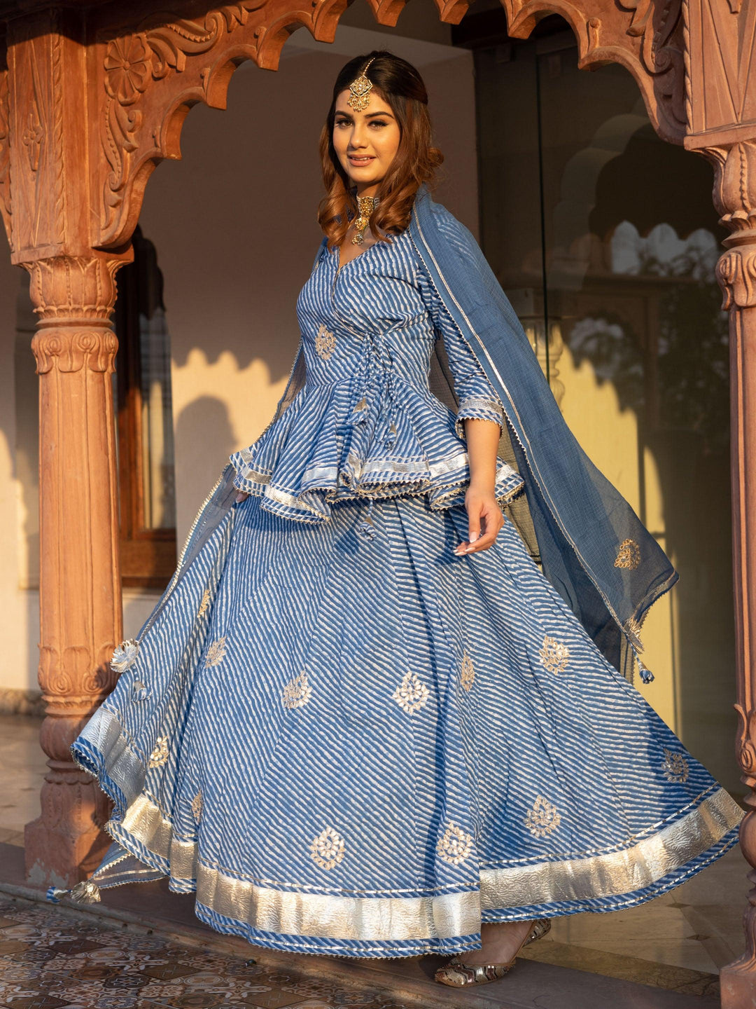 Blue-Cotton-Lehriya-3-Piece-Lehenga-Set